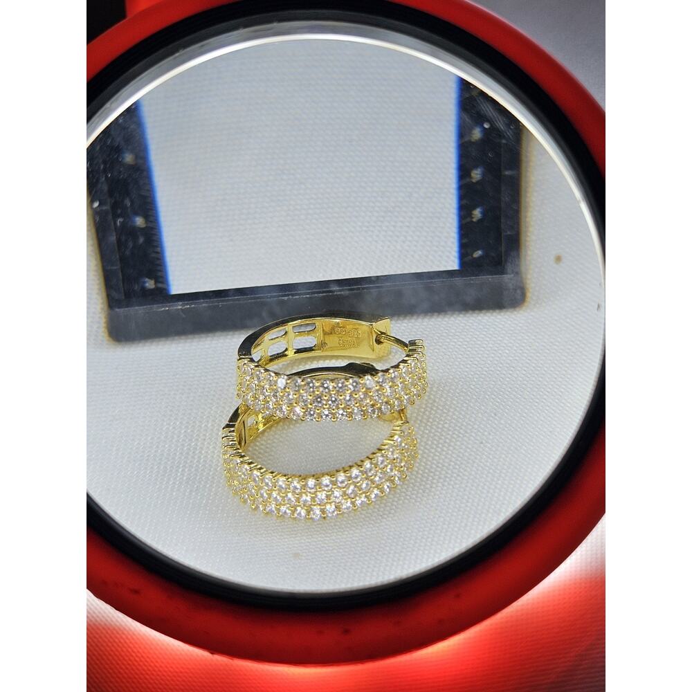 Gold Tone 925 Hoop Earrings CZ Signed 925 In Hoop Hinged